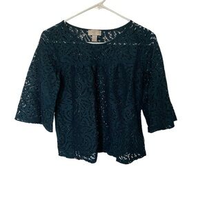 LOFT Lace Blouse Size XS Petite Dark Teal Green 3/4 Sleeves